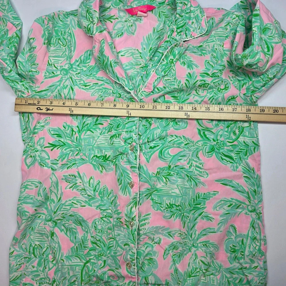 Lilly Pulitzer Pajama Set Pink Green Palm Print Long Sleeve Top Pants Small